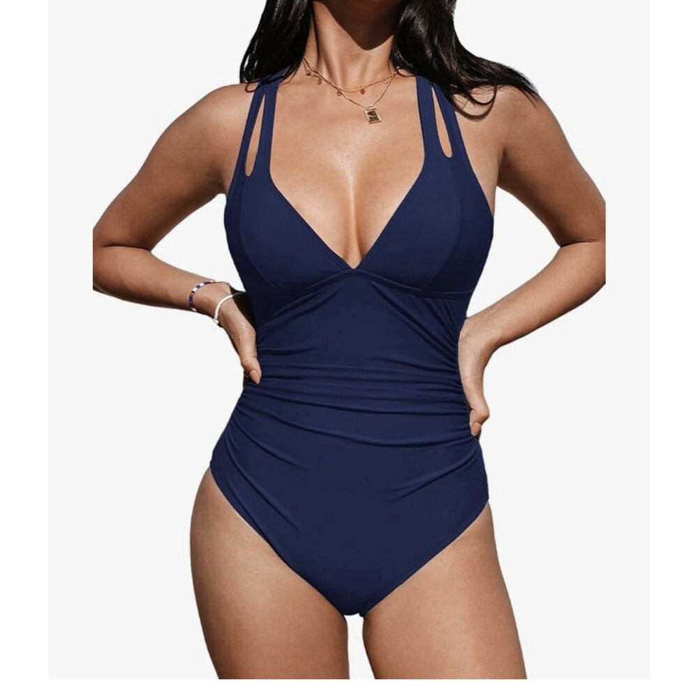 Women's One Piece Swimsuit Tummy Control V Neck navy blue size Medium